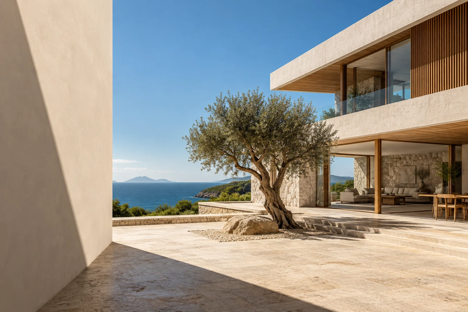 Conceito de casa contemporânea com concreto, madeira e uma árvore no pátio